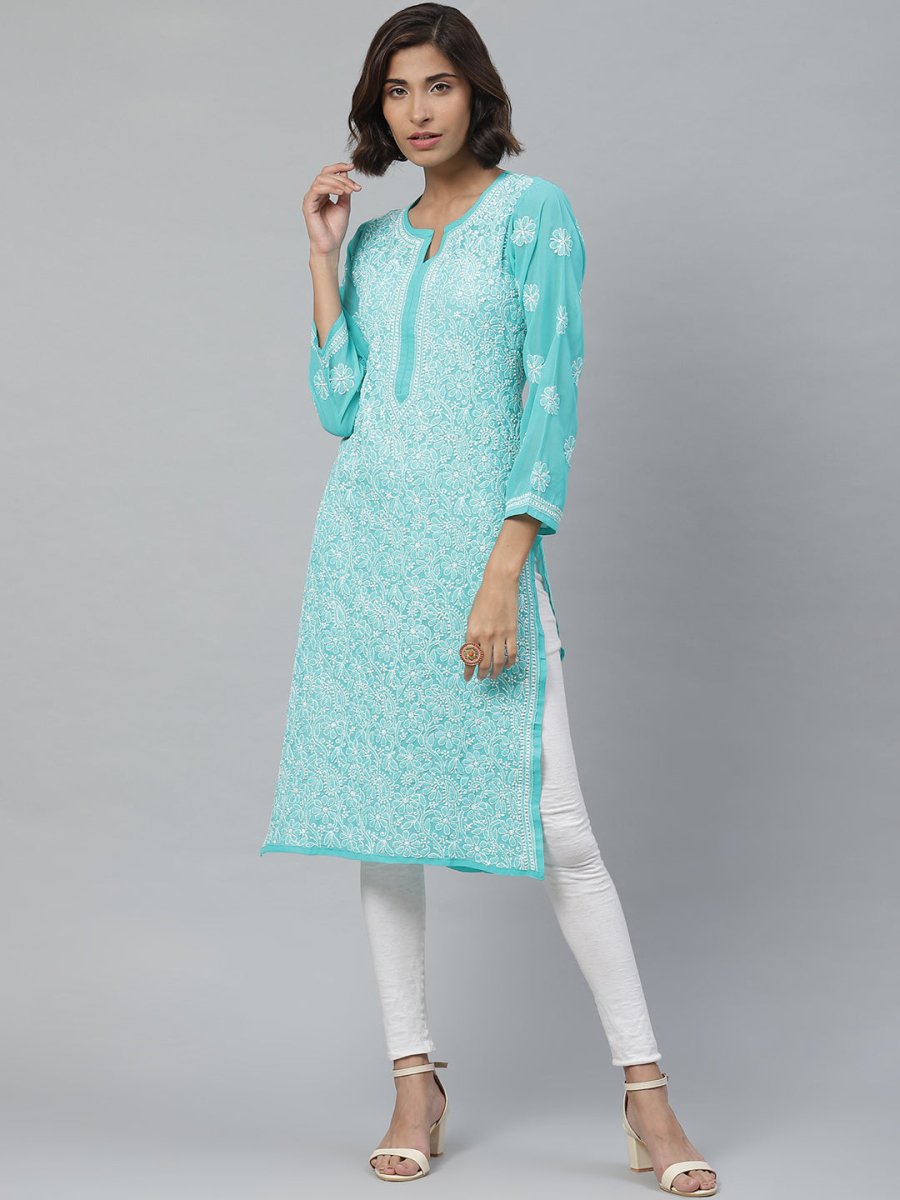 ADA Women Sea Green & White Floral Chikankari Embroidered Straight Sustainable Handloom Kurta 