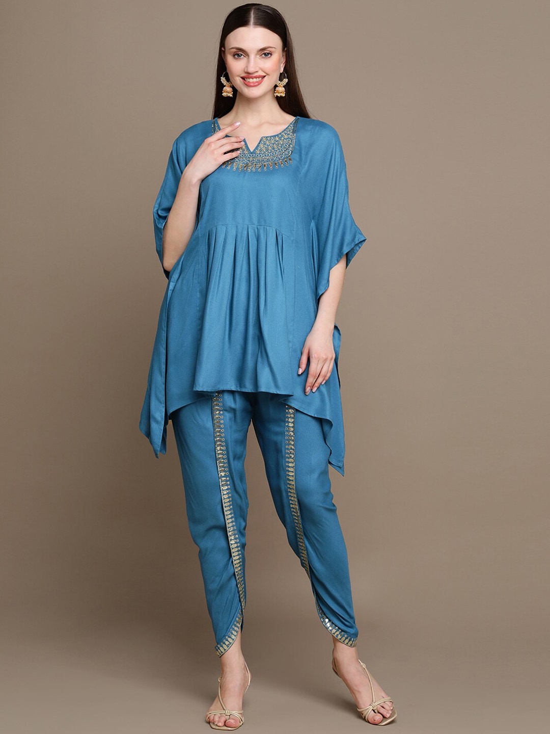 HERE&NOW Floral Embroidered Sequined Kaftan Kurti with Dhoti Pants