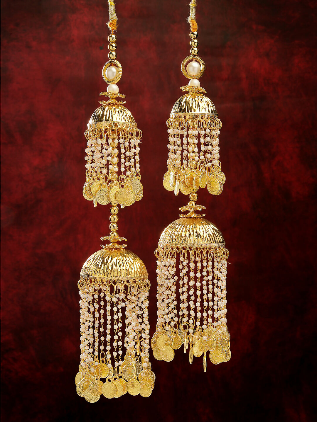 NVR Women's Pack Of 2 Gold-Polished & White Pearl Beaded Bridal Layered Heavy Kaleera Sets