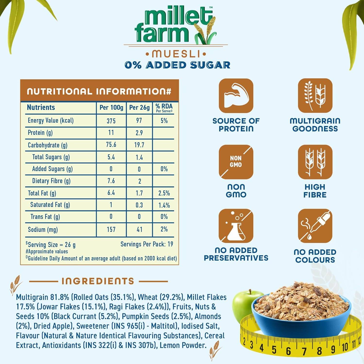 Bagrry's Millet Farm Muesli 0% Added Sugar with Jowar and Ragi - Grab2buy