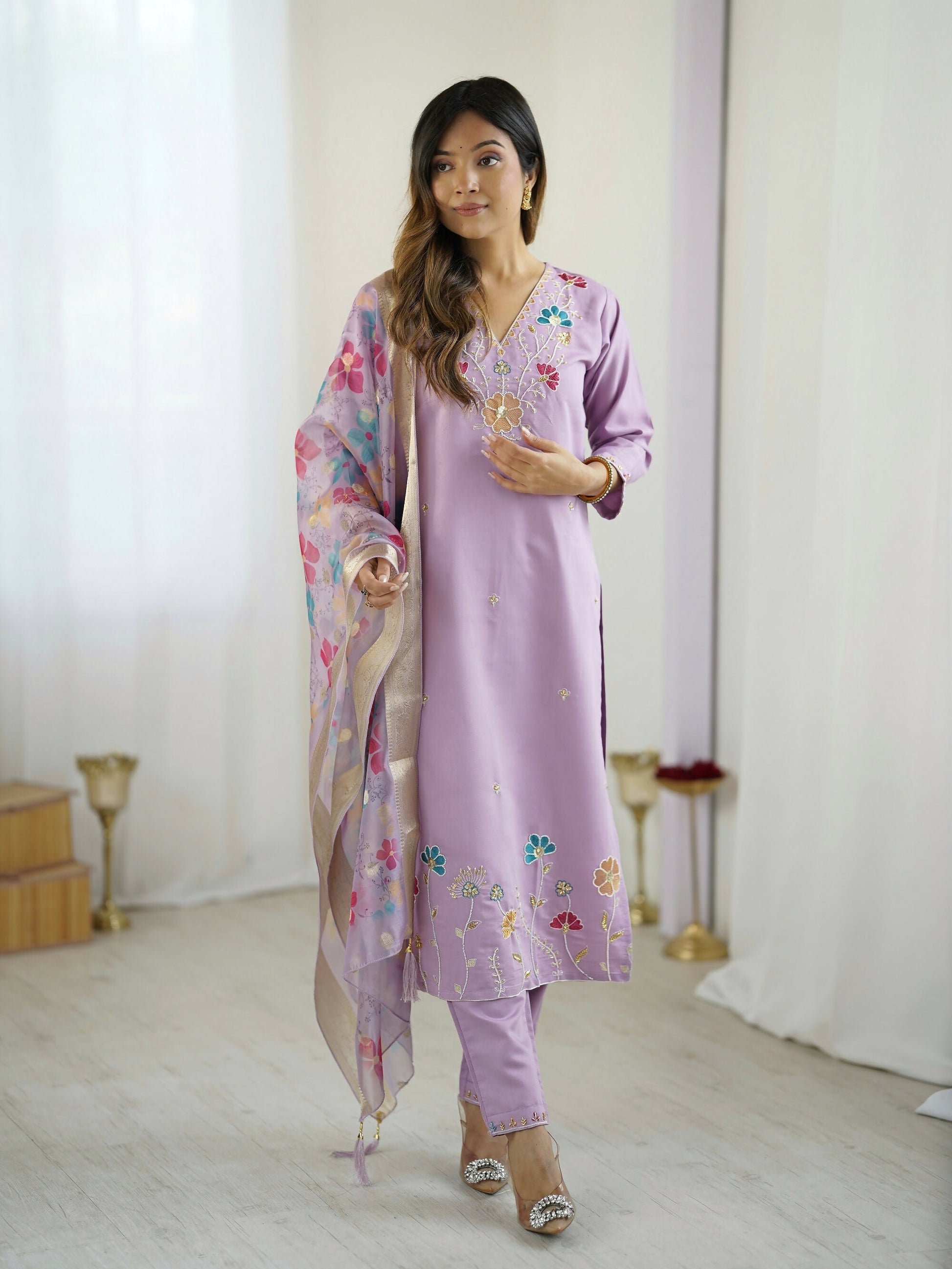 The52 Lavender Women's Gorgeous Embroidered work Viscose Gadhwal Fabric Straight Kurta, Pant and Dupatta Set | Grab2Buy