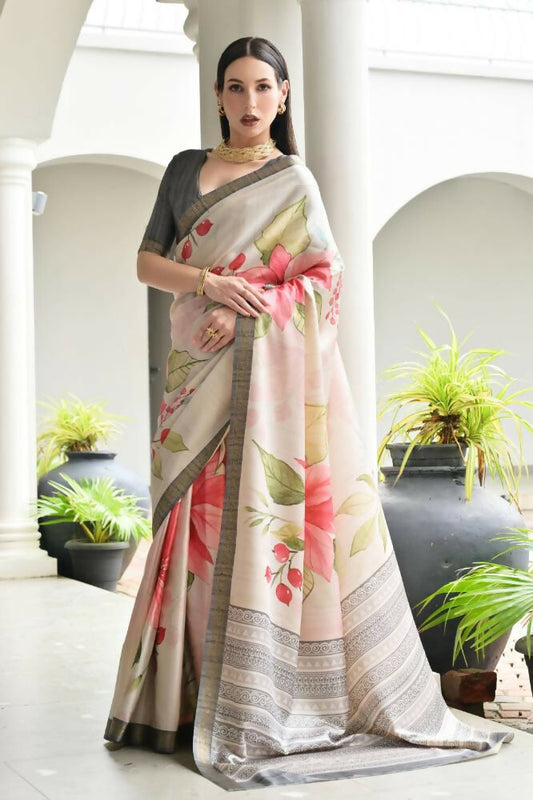 Vishnu Weaves Women's Grey Satin Silk Printed Saree with Blouse