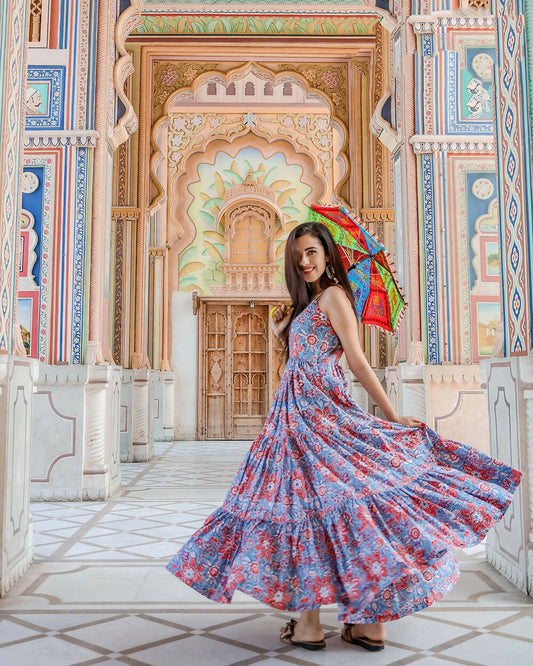 Designer Partywear Printed Blue Pure Maslin Gown - Anbazaar - Grab2buy