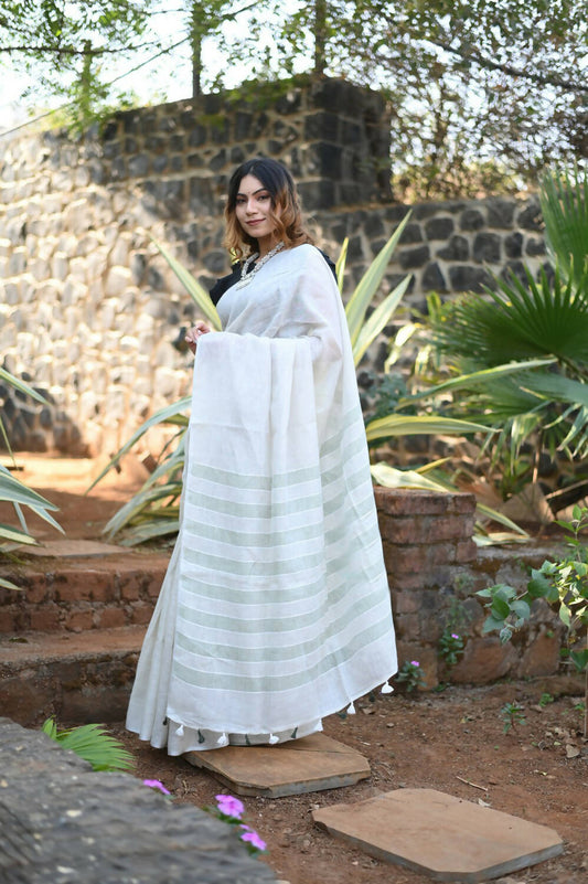 Very Much Indian Pure Linen Saree With Sleek Border And Exclusive Design - Grey - Grab2buy
