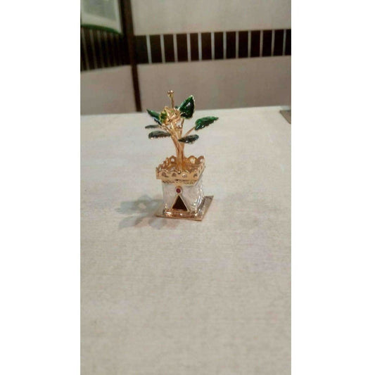 Silver and Gold Coated Decorative Tulsi Item with Green Leaf -Small Size / Tulsi Kota - Small Size - Grab2buy
