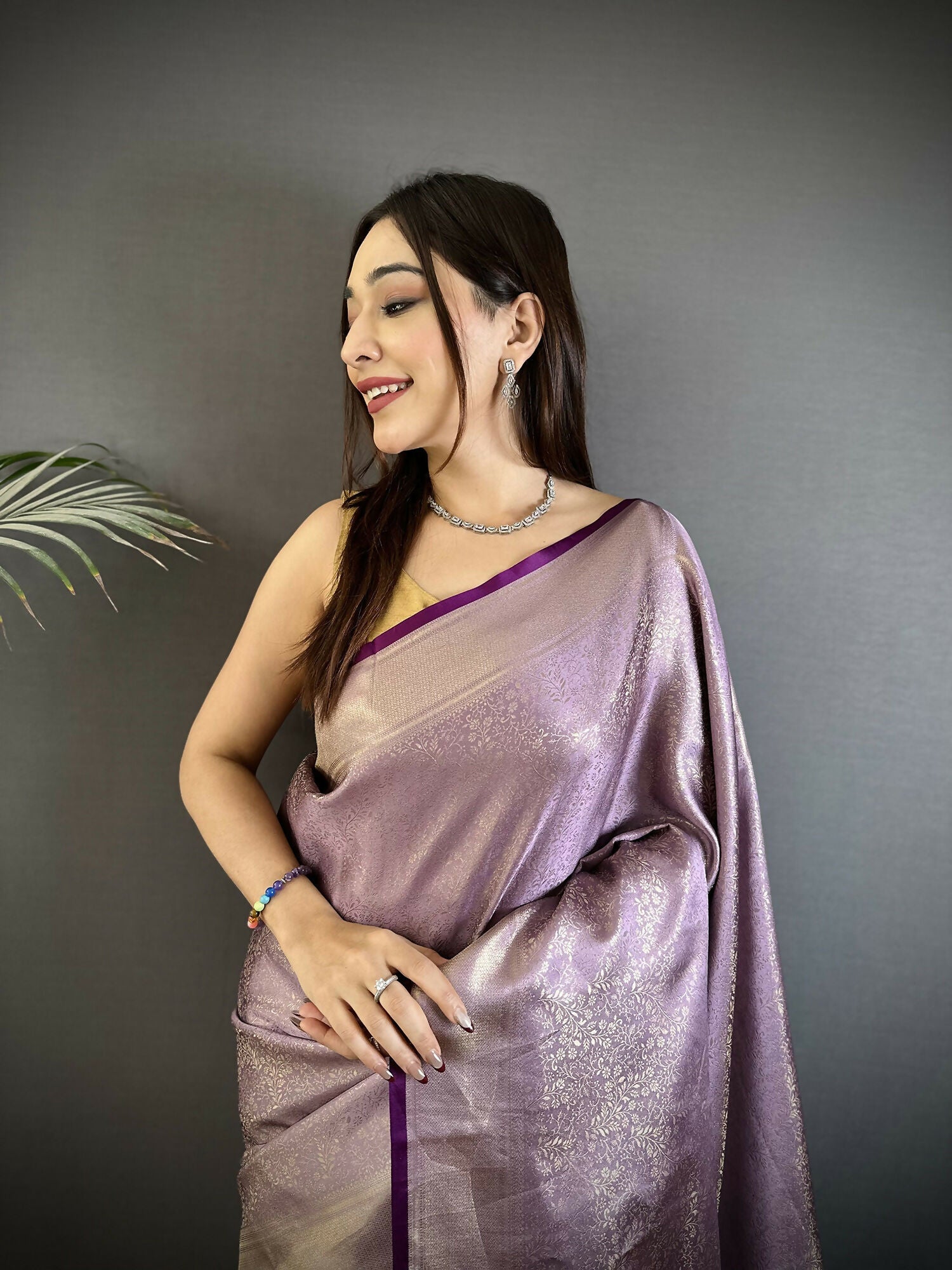 Joban Fashion Lavender Floral Motifs & Ethnic Design Soft Satin Silk Kanchipuram Saree