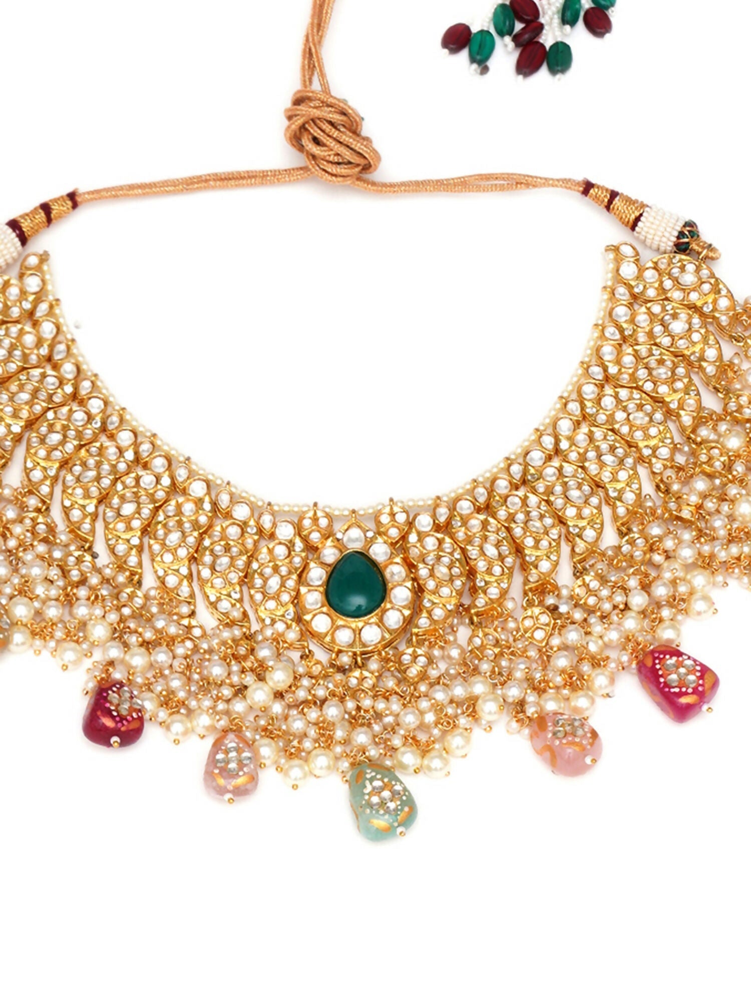 Kundan Choker with Matching Earrings & Maang Tikka Jewellery Set (Gold) - Ruby Raang - Grab2buy