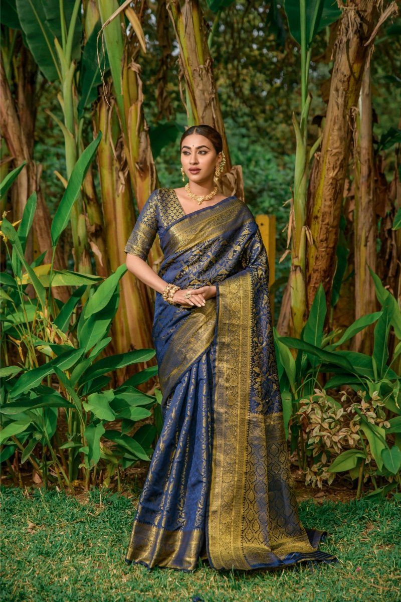 Aastha Fashion Women's Navy Blue Kanchipuram Silk Zari Woven Saree with Blouse - Grab2buy