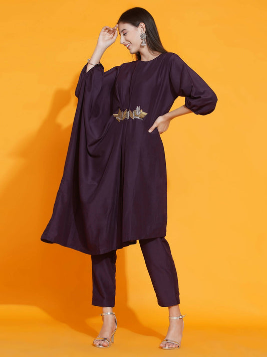 Women Republic Purple Fusion Style Kurta With Hand Embellishment And Pants - Grab2buy