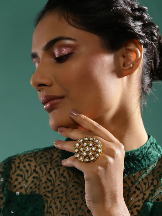 Gold-Plated White Kundan Studded Adjustable Finger Ring - Ruby Raang - Grab2buy