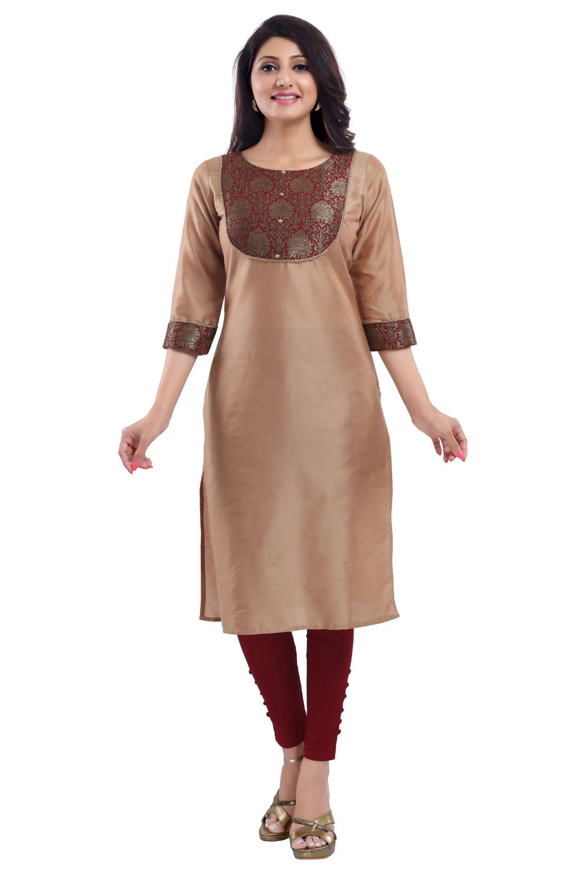 Snehal Creations Beige Cotton Silk Kurti Top