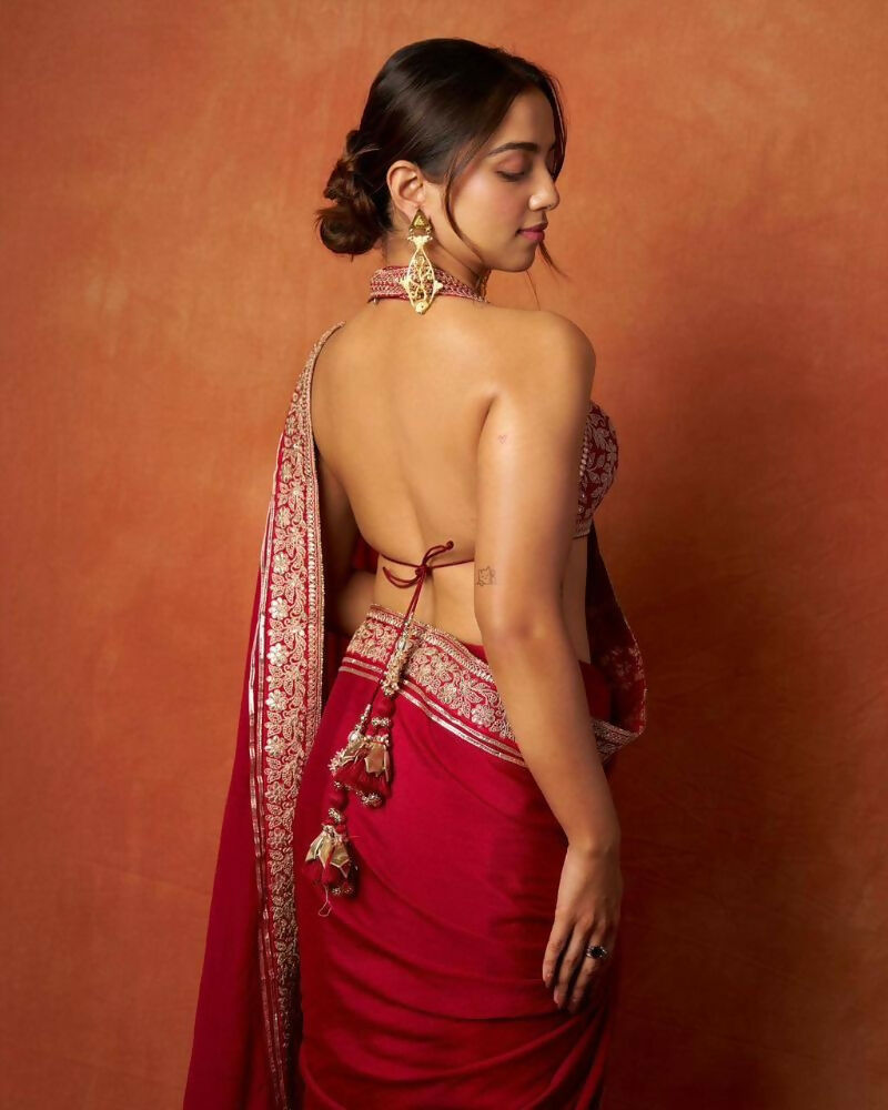 Joban Fashion Red Fandy Satin Silk Party Wear Sarees