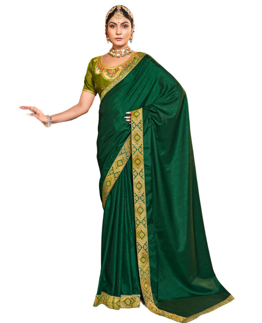Green Solid Vichitra Saree With Unstitched Blouse Piece - Selena
