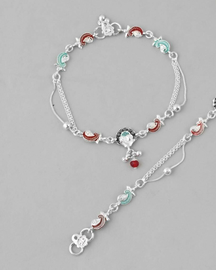VOJ Set of 2 Traditional Stone Studded Mutli Color Designer Anklet 