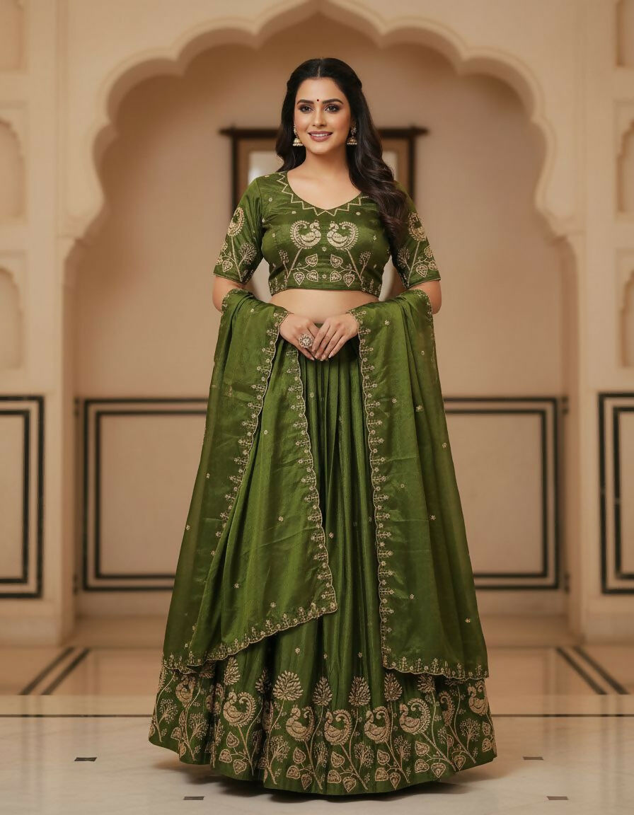 Teeya Creation New Womens Beautiful Fully Stitched Designer Lehenga Choli With Embroidered Dupatta - Mehendi