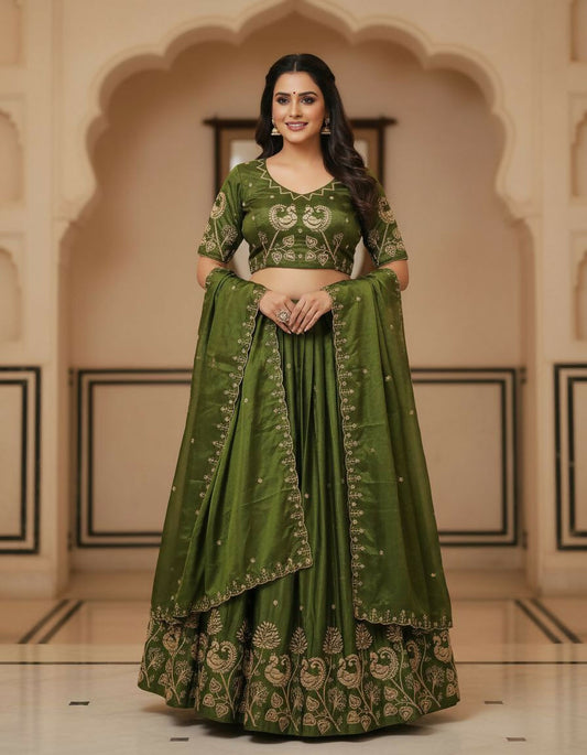 Teeya Creation New Womens Beautiful Fully Stitched Designer Lehenga Choli With Embroidered Dupatta - Mehendi