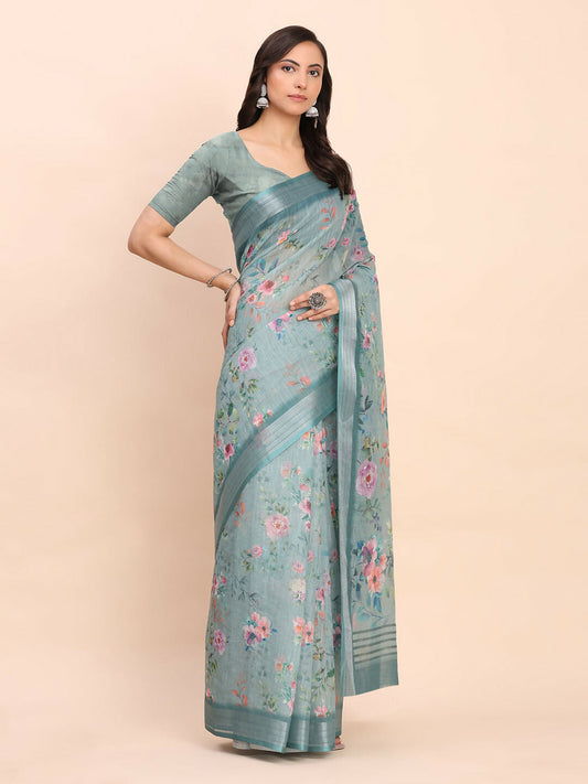 Shree Shyam Fashion Linen Cotton Sea Green Saree