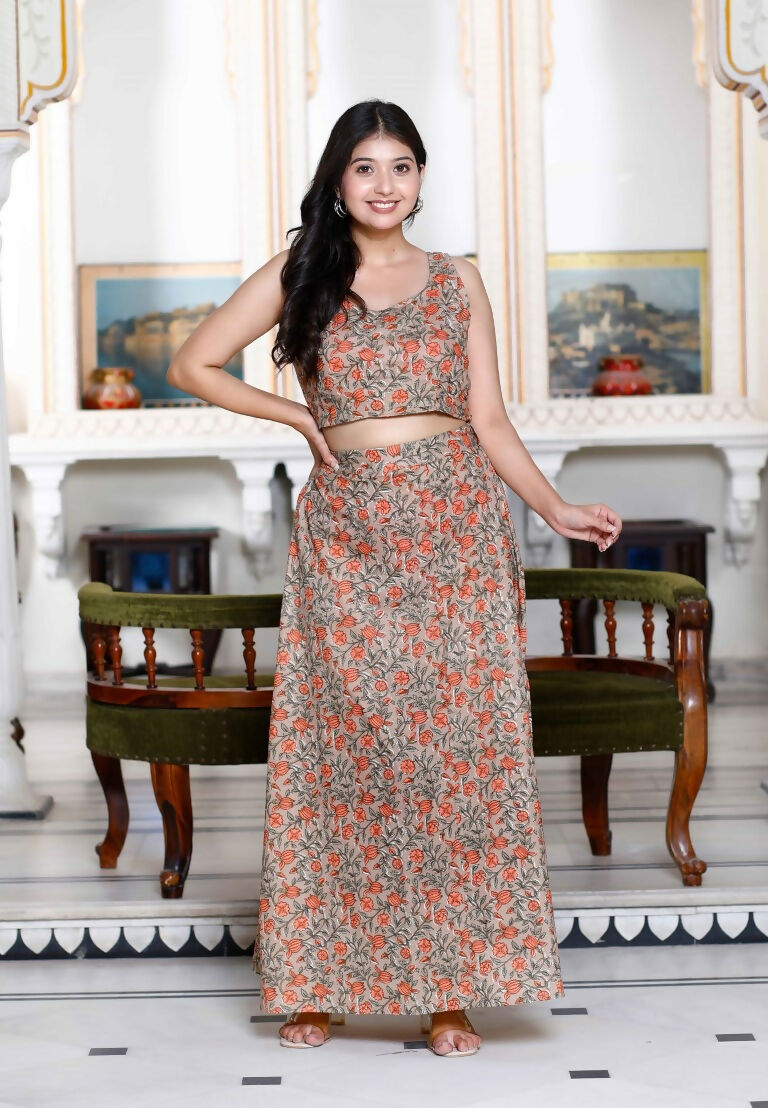 Miravan Women's Brown Floral Printed Crop Top And Skirt Co-Ord Set 