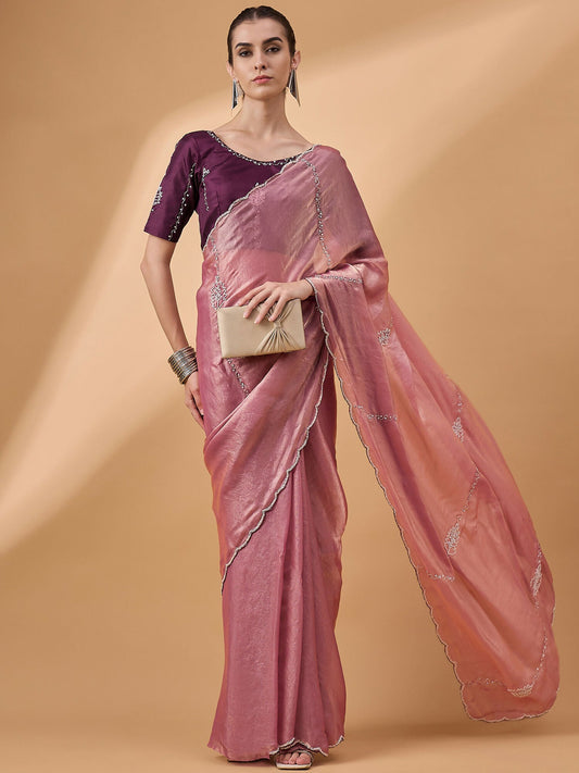 Pink Muslin Embroidered Saree with Unstitched Blouse Piece - Satya