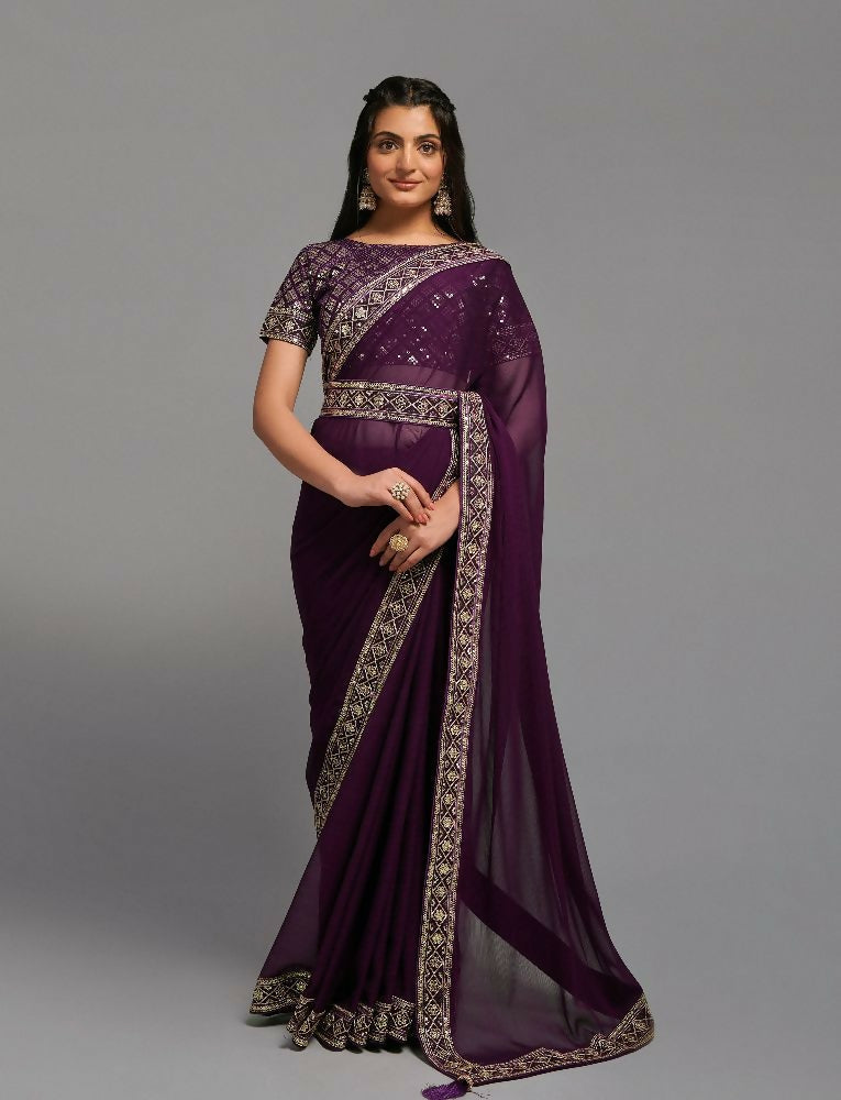 PR Fashion Wine Zometo Embroidery Lace Saree