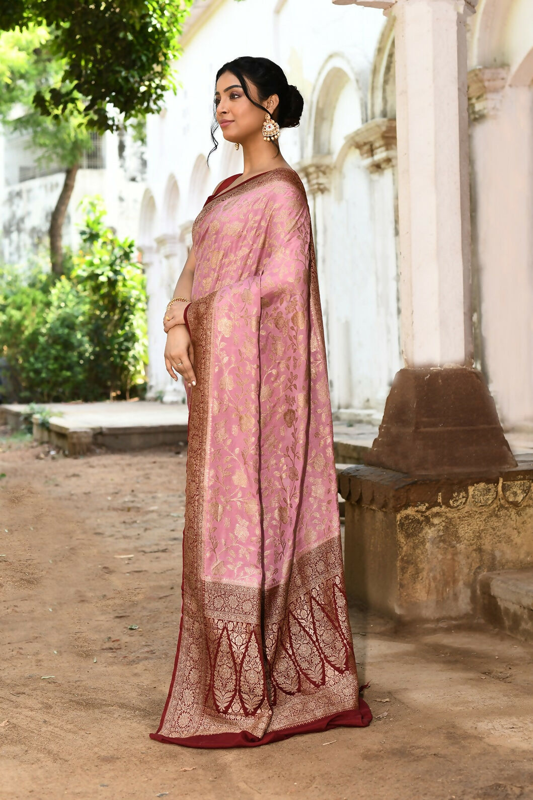 Joban Fashion Nude Pink Crepe Chiffon Pure Handloom Banarasi Silk Grab2Buy 