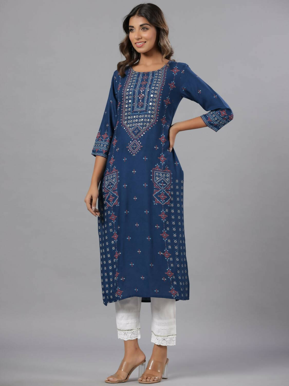 Juniper Women Navy Blue Printed Straight Kurta