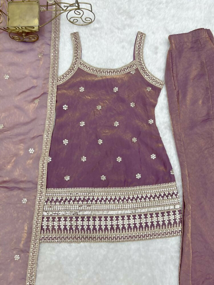 Teeya Creation Mauve Pink Embroidered Frendy Silk Sharara Suit Set