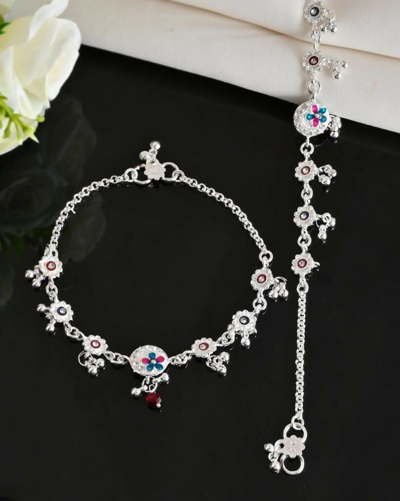 VOJ Set of 2 Stone Studded Circular Shaped Traditional Anklet 