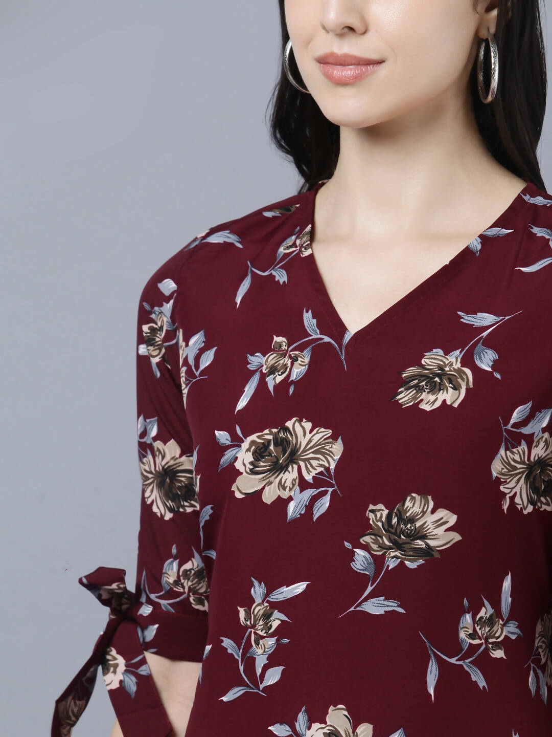 Myshka Women Burgundy Beige Floral Print A-line Dress