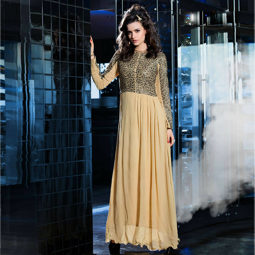 Cream Georgette Floral Embroidered A-line Kurti - Missy