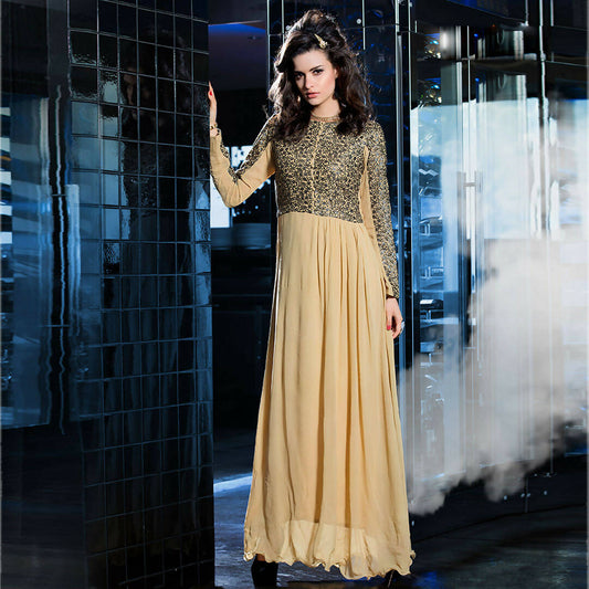Cream Georgette Floral Embroidered A-line Kurti - Missy