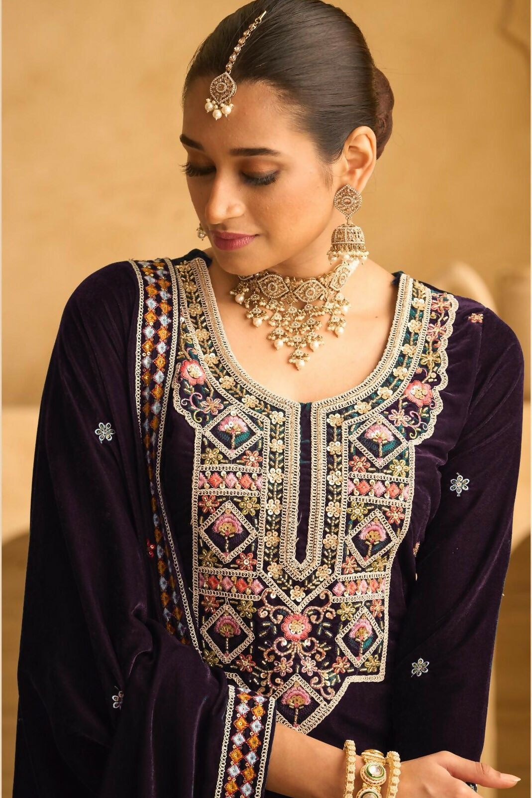 Anaita Dark Wine Embroidered with beads Velvet Stitched Plazo Suit