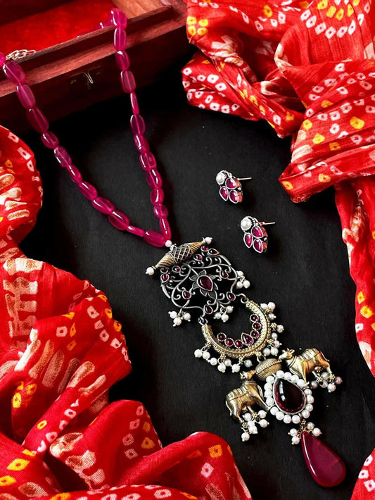 Joban Fashion Pink Brass Dual Tone Beaded Pendant With Beaded Mala Necklace With Earring Set | Grab2Buy