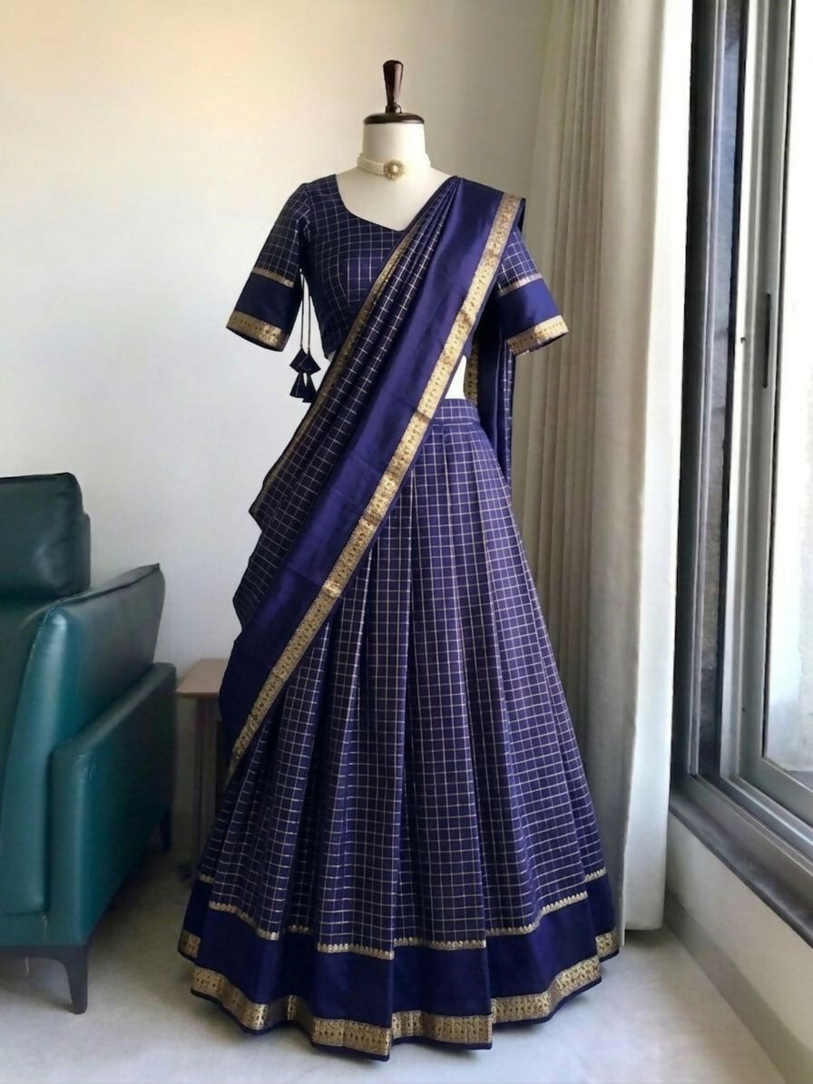 Teeya Creation New South Indian Silk Checked Half Saree Lehenga Choli with Zari Border-Navy-Blue