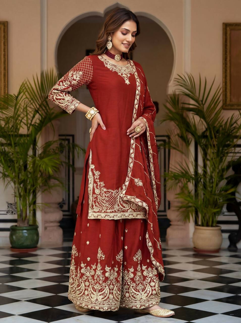 Teeya Creation Red Chinon Silk Designer Wedding Wear Embroidery Work Palazzo