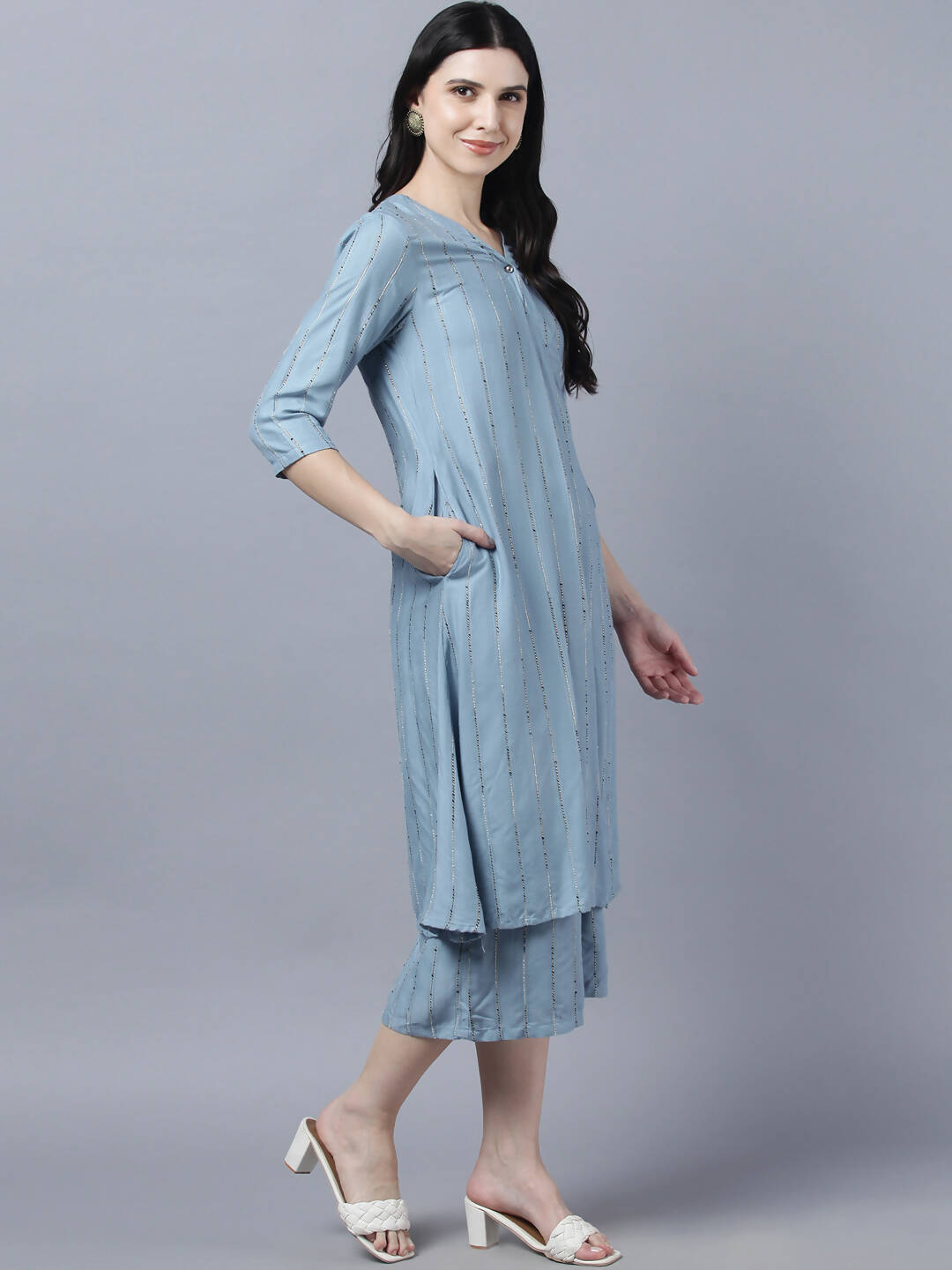 Myshka Stylish Grey Viscose 3/4 Sleeve Women's Kurta Palazzo Set