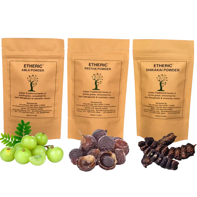 Etheric Amla Reetha Shikakai Powder Combo – Organic Herbal Hair Wash & Hair Growth