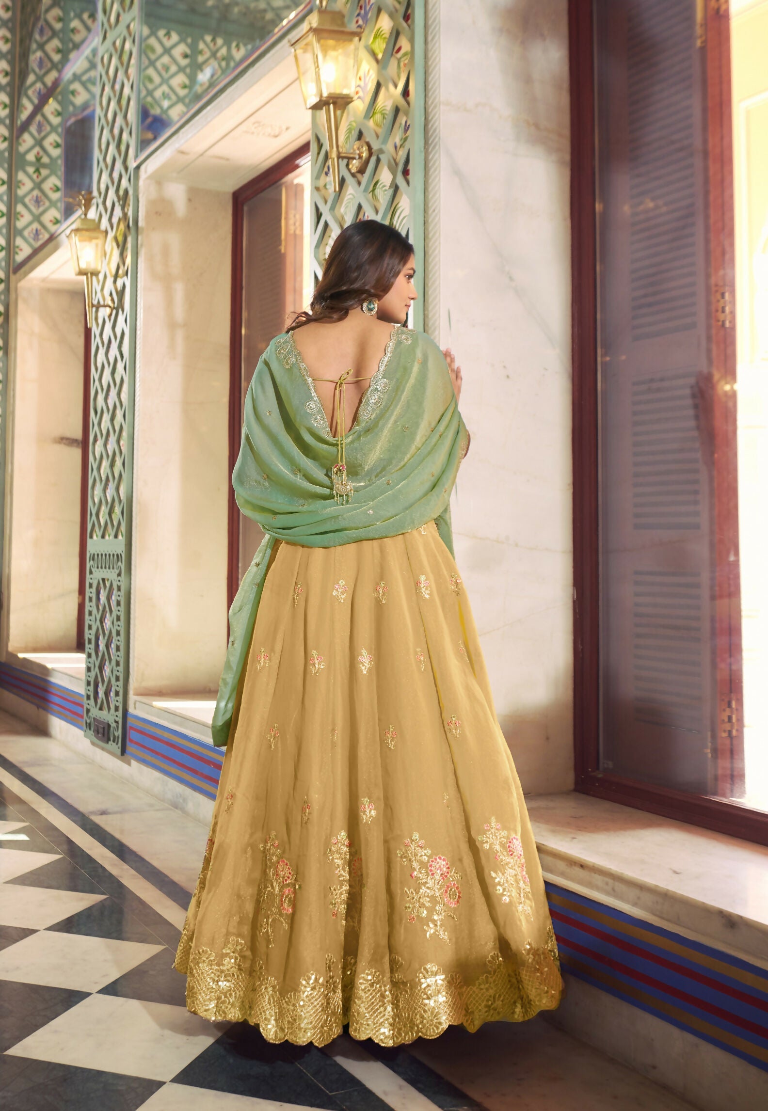 Lorenvalley Fashion Yellow NC Moss Silk Sequins and Thread Embroidery Work Lehenga Choli with Dupatta