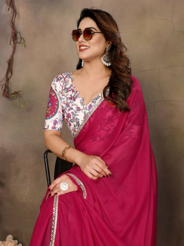 PR Fashion Pink Star Georgette Solid Georgette With Mirror Border Saree