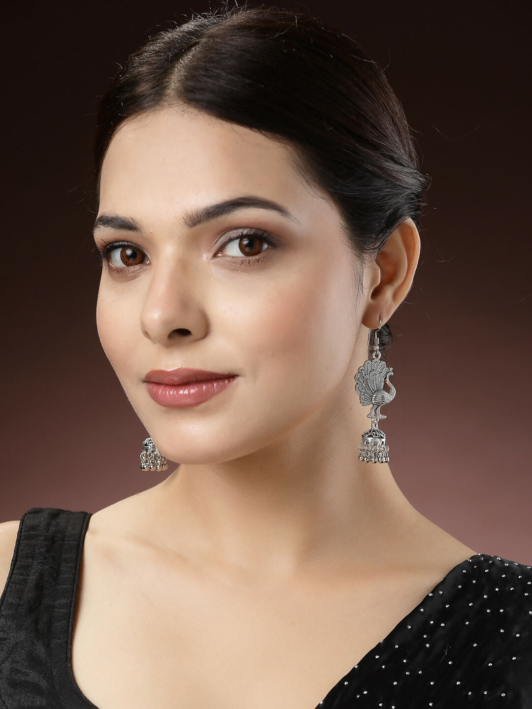 NVR Women's Silver-Toned Peacock Desing German Silver Oxidised Dome Shaped Jhumka Earrings 