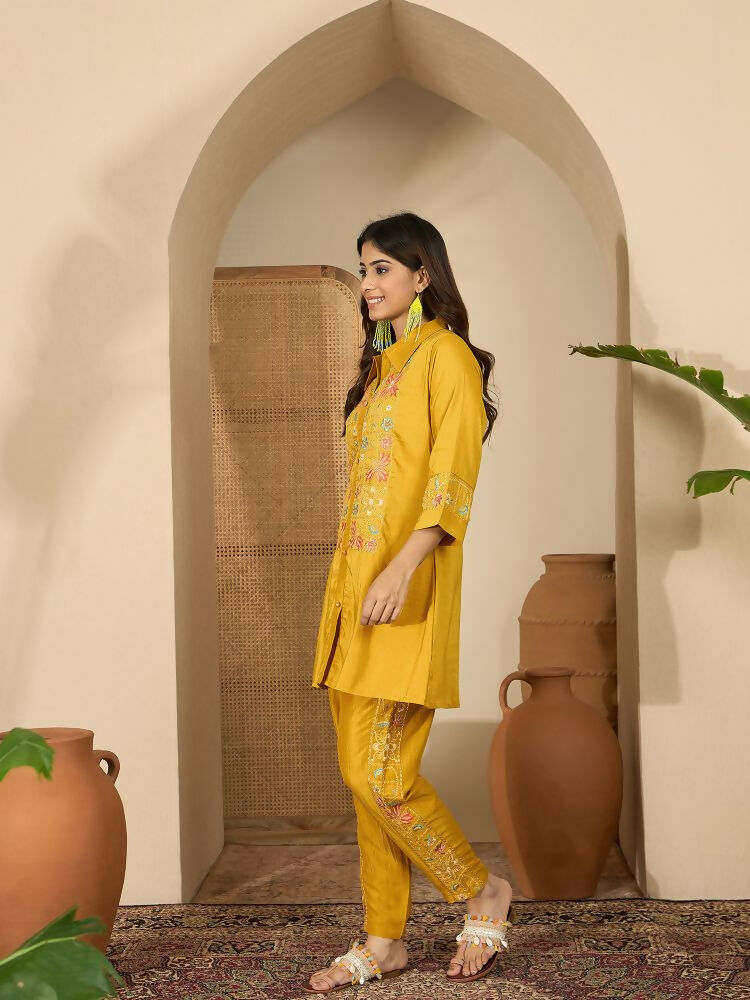 Joban Fashion Women Mustard Roman Silk Embroidered Stitched Kurta Set