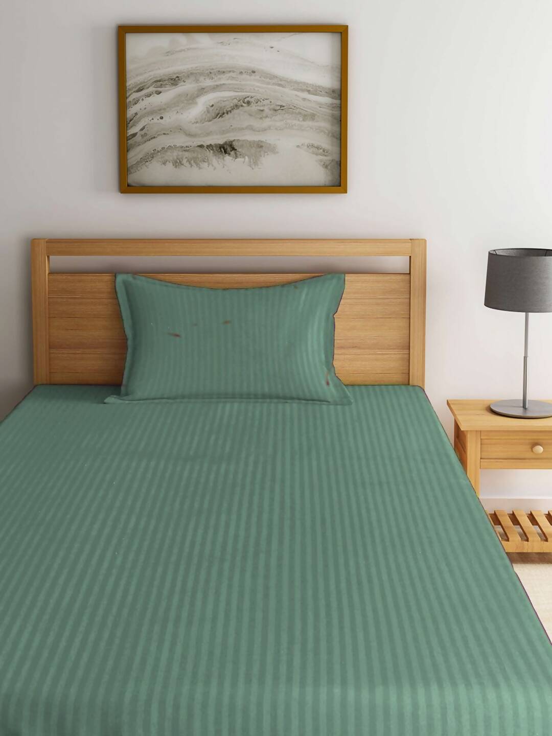 KLOTTHE Green Striped 210 TC Bedsheet with Pillow Covers 