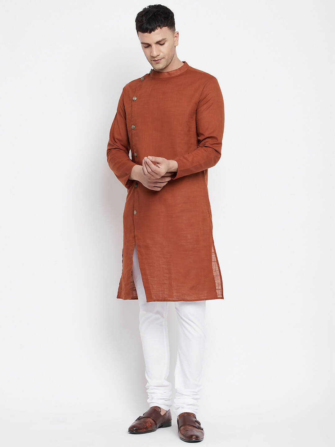Even Apparels Brown Pure Cotton Men's Sherwani Kurta With Asymetrical Cut 