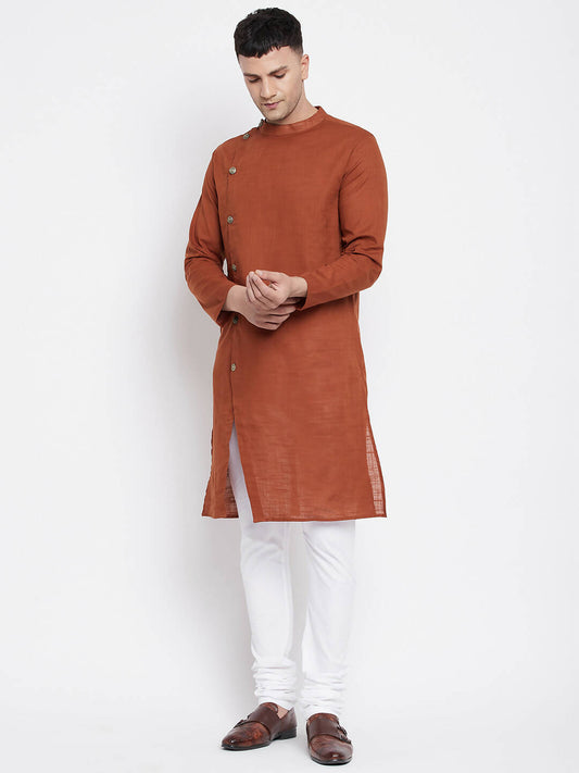 Even Apparels Brown Pure Cotton Men's Sherwani Kurta With Asymetrical Cut 