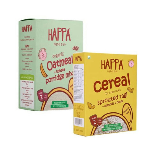 Happa Organic Baby Food Sprouted Ragi Almond Dates Porridge Mix & Oatmeal + Banana Porridge Combo - Grab2buy