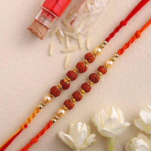 Set of 2 Rudraksha Rakhi and Almond Treat Chocolate Combo