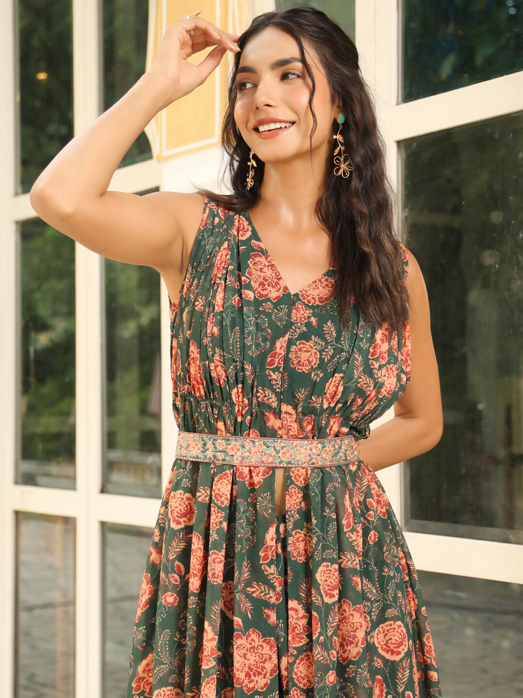 Janasya Green Georgette Floral Kurta & Bottom 