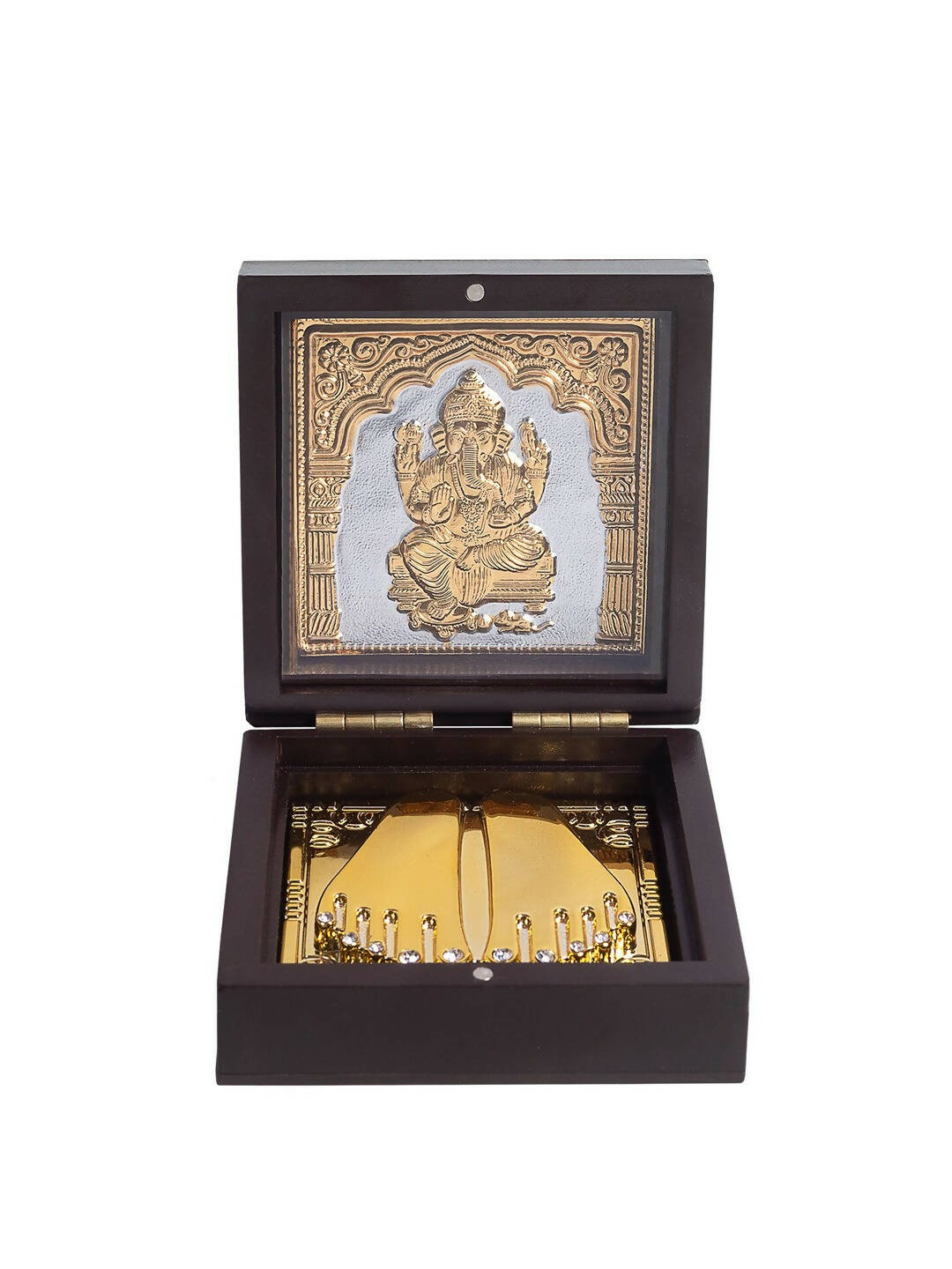 Golden Peacock Brown Wooden Ganesha Prayer Box 
