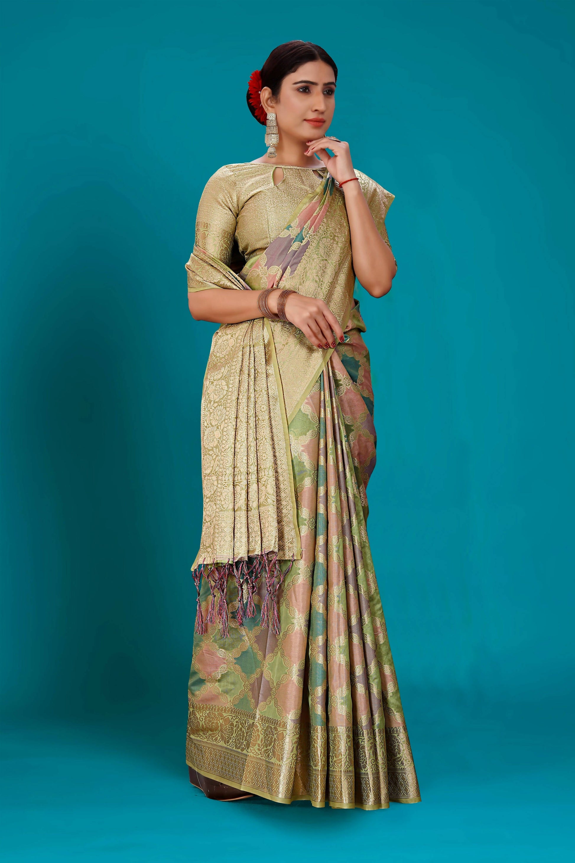 Green Soft Organza Woven Design Saree with Unstitched Blouse Piece - Zaara