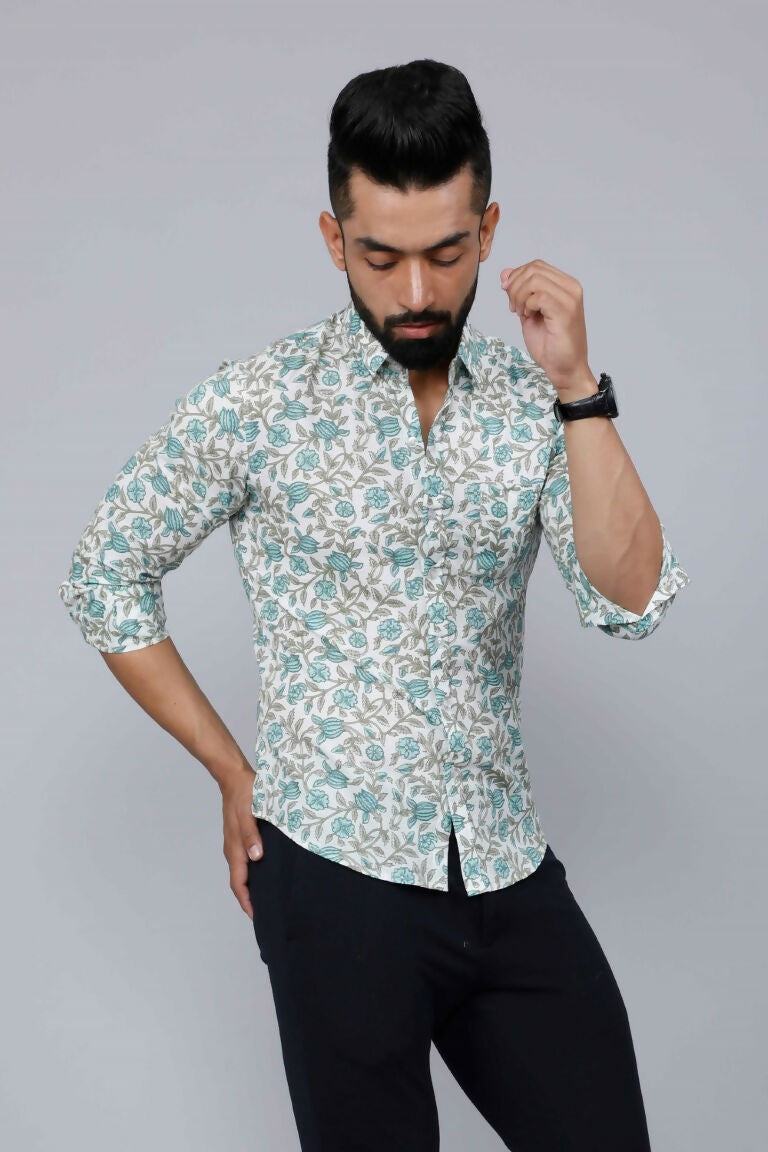 Miravan Men's Spread Collar White & Green Floral Print Slim Fit Shirt 
